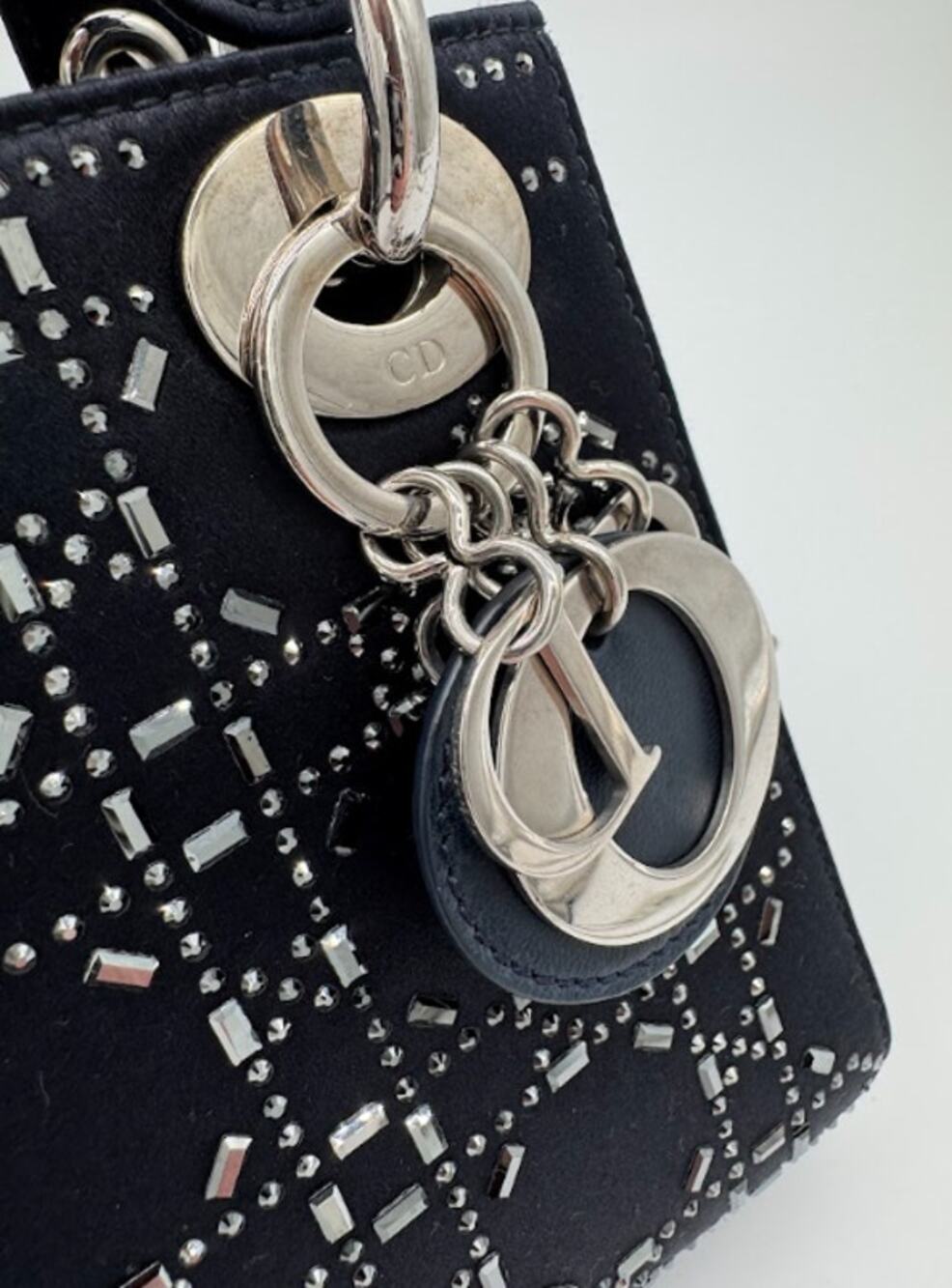 Christian Dior Mini Lady Dior Blue Satin Crystal Cannage Bag Strap